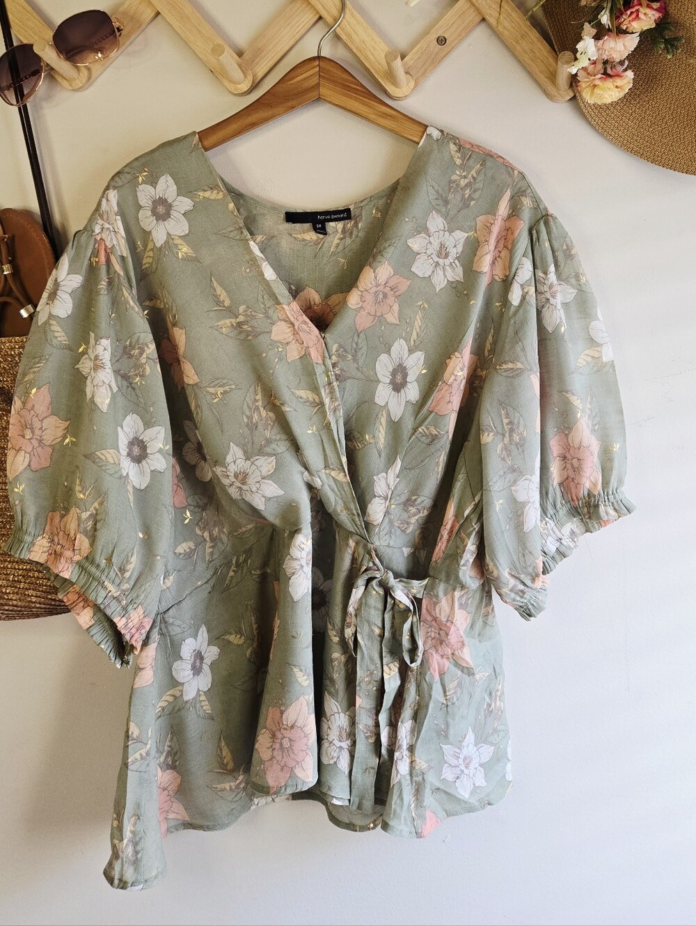Harve Benard Sage Green Floral Faux Wrap Top with Pink & White Blooms